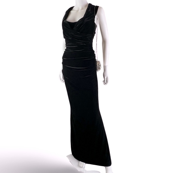 Talbot Runhof | Velvet Curve Hugging Draped Off Shoulder Evening Gown Small - Picture 1 of 10